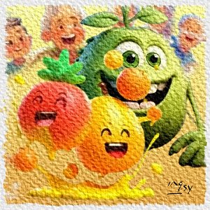 Inqsy's watercolour cartoon showing a group of happy smiling people and fruits